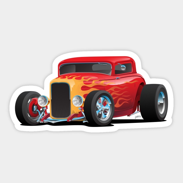 Classic Bold Red Custom Street Rod Car with Yellow and Orange Hotrod Flames Sticker by hobrath